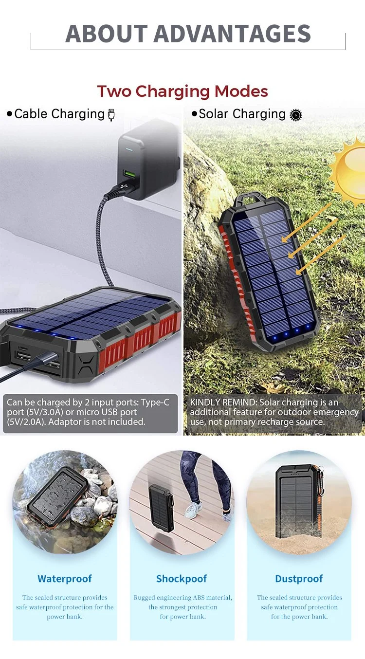 Waterproof Outdoor Solar Power Bank 30000mAh Solar Portable Charger for Camping