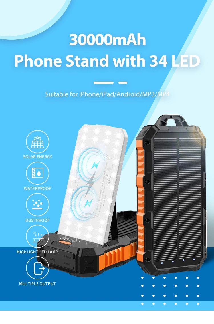 Waterproof Outdoor Solar Power Bank 30000mAh Solar Portable Charger for Camping